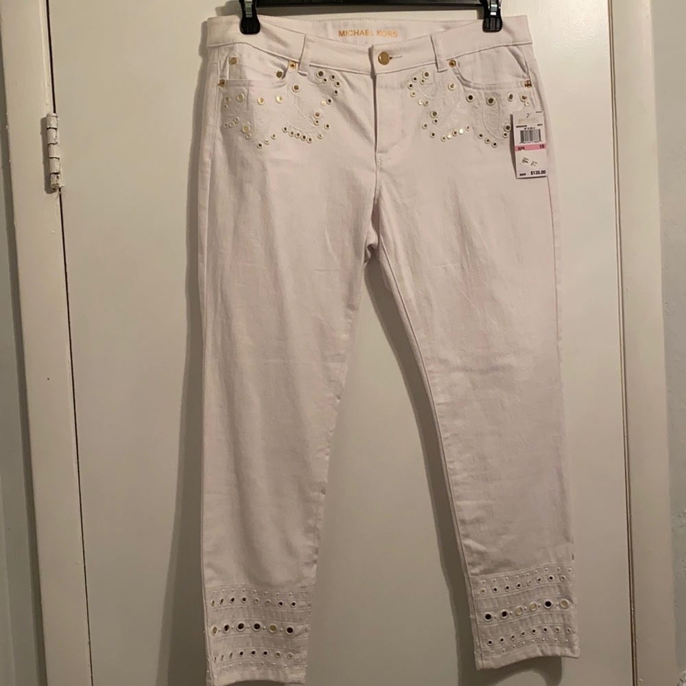 Michael Kors gold sequined white jeans